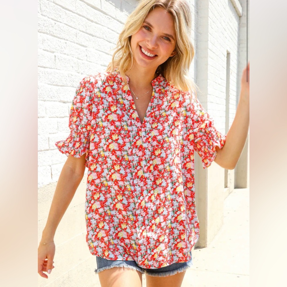 First Love Red Floral Blouse Size Medium